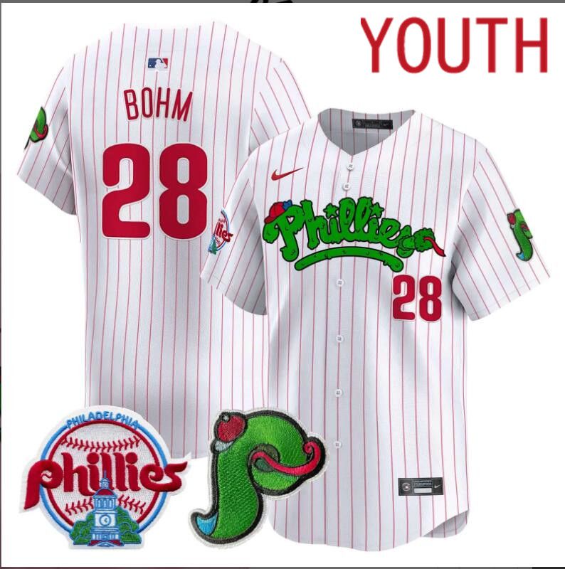 Youth  Philadelphia Phillies #28 Bohm white with red strips Limited 2024 MLB Nike jersey->youth nfl jersey->Youth Jersey
